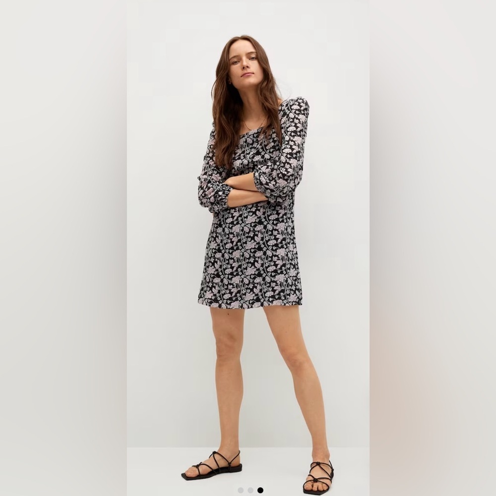 Mango MNG‎ Black Pink Floral Puff Sleeve Square Neck Rocio Mini Dress